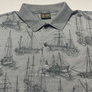 Vintage Bobby Jones Nautical Sailing Ship Print Polo Shirt Mens Grey Sz L